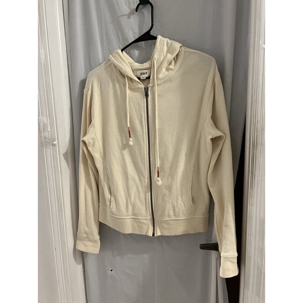 Pact Cream Waffle Knit Hooded Full Zip Jacket Sz S Organic Cotton